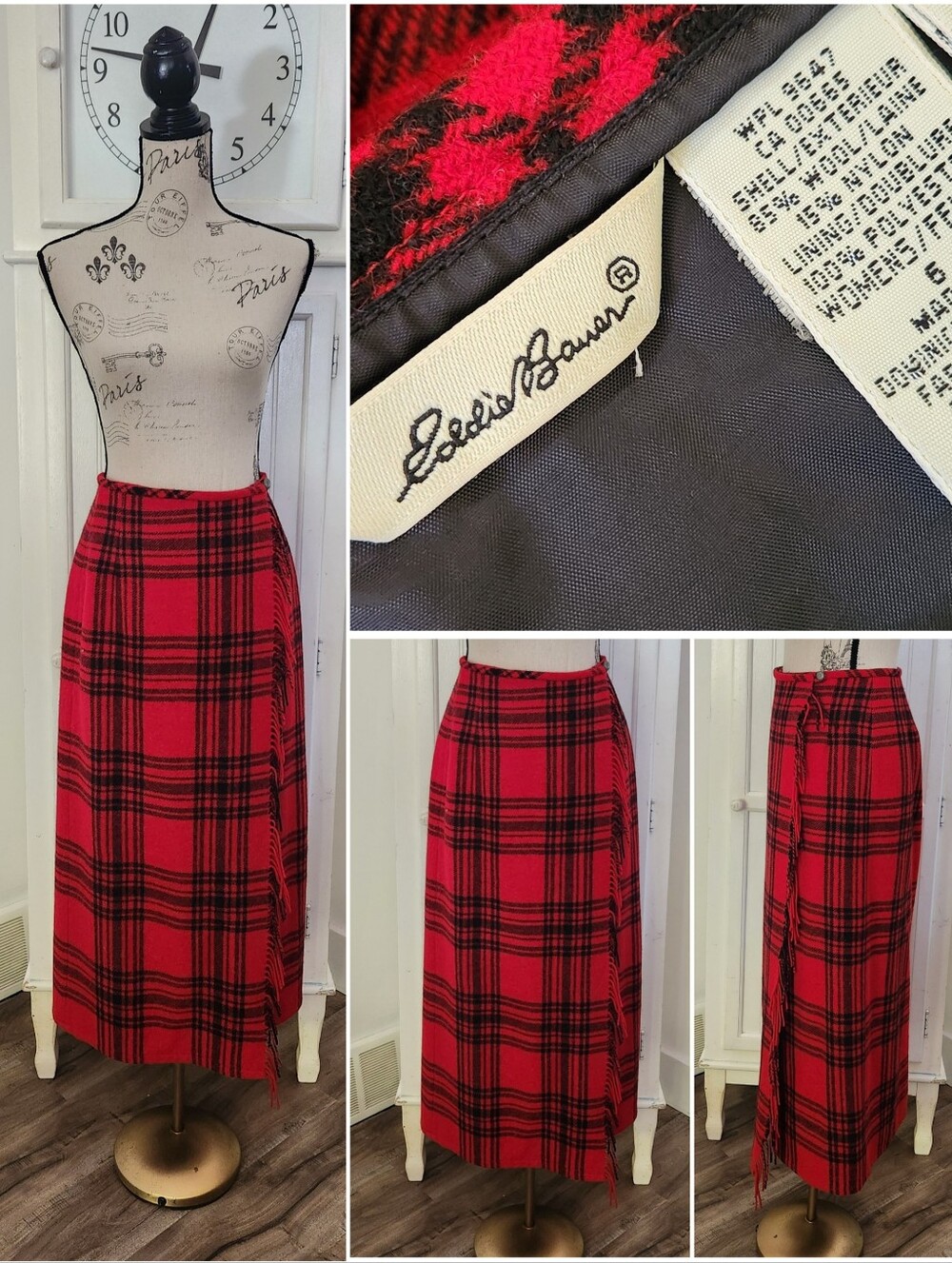 Vintage Wool Plaid Fringe Wrap Skirt